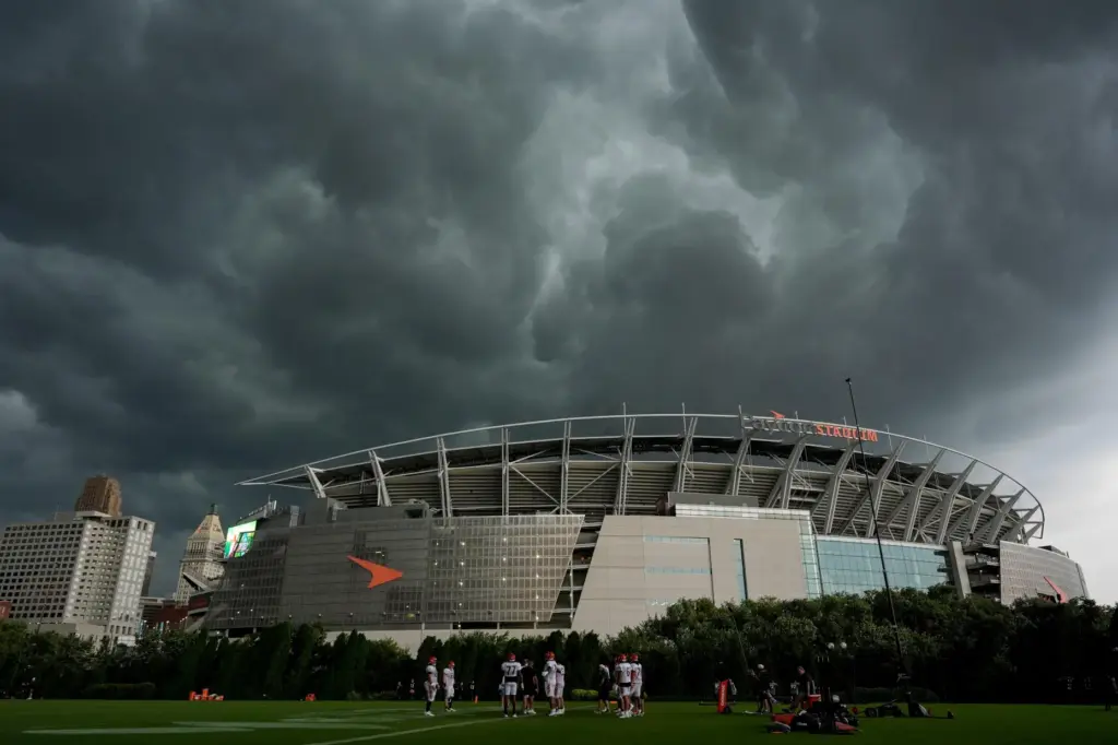 Storm clouds move in over Paycor Stadium and practice fields during the Cincinnati Bengals' practice.