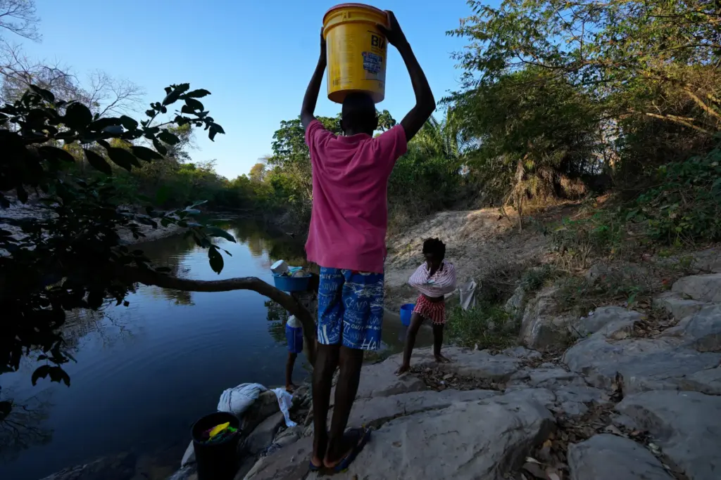 Children carry water from the Branco River at dawn.