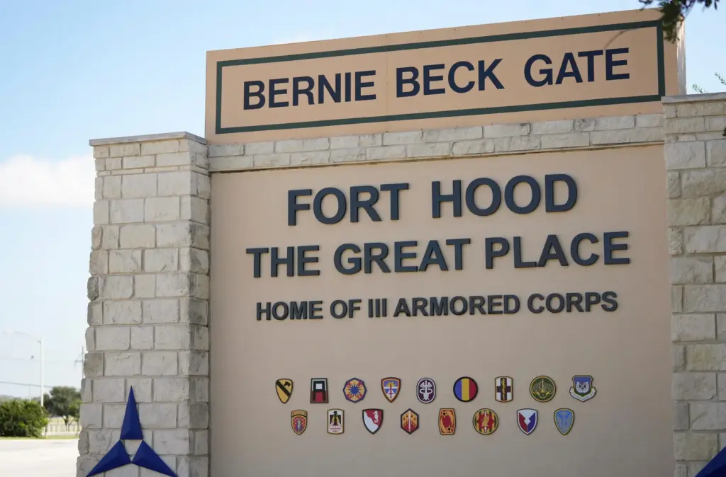FILE – The sign at the main entrance at Fort...