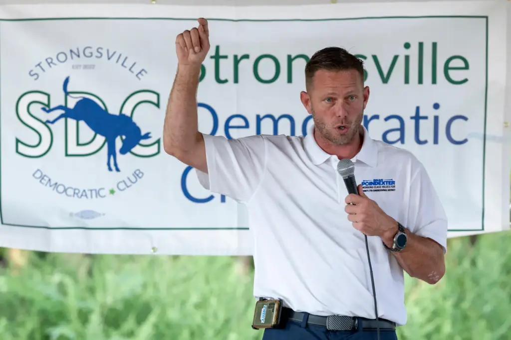 Brian Poindexter, Democratic nominee for Ohio’s 7th congressional district, speaks...