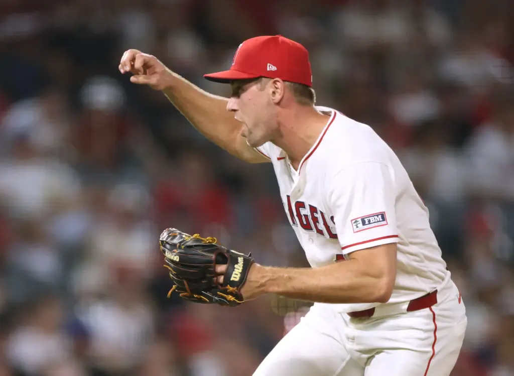 Angels relief pitcher Ben Joyce reacts to a pitch during...