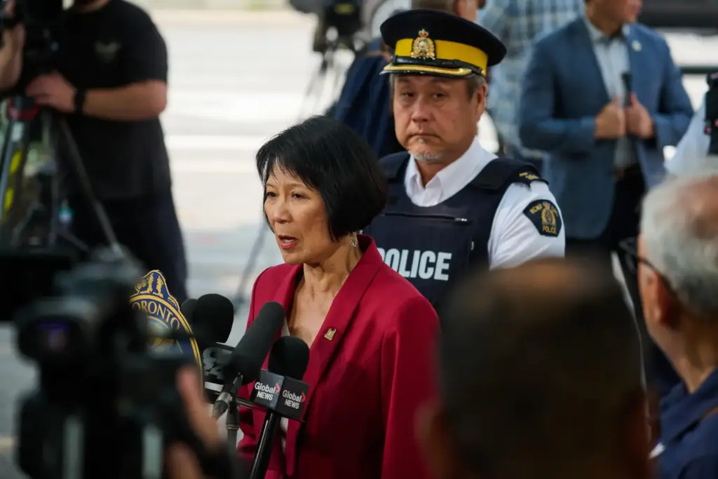 Toronto Mayor Olivia Chow speaks to media after a shot...