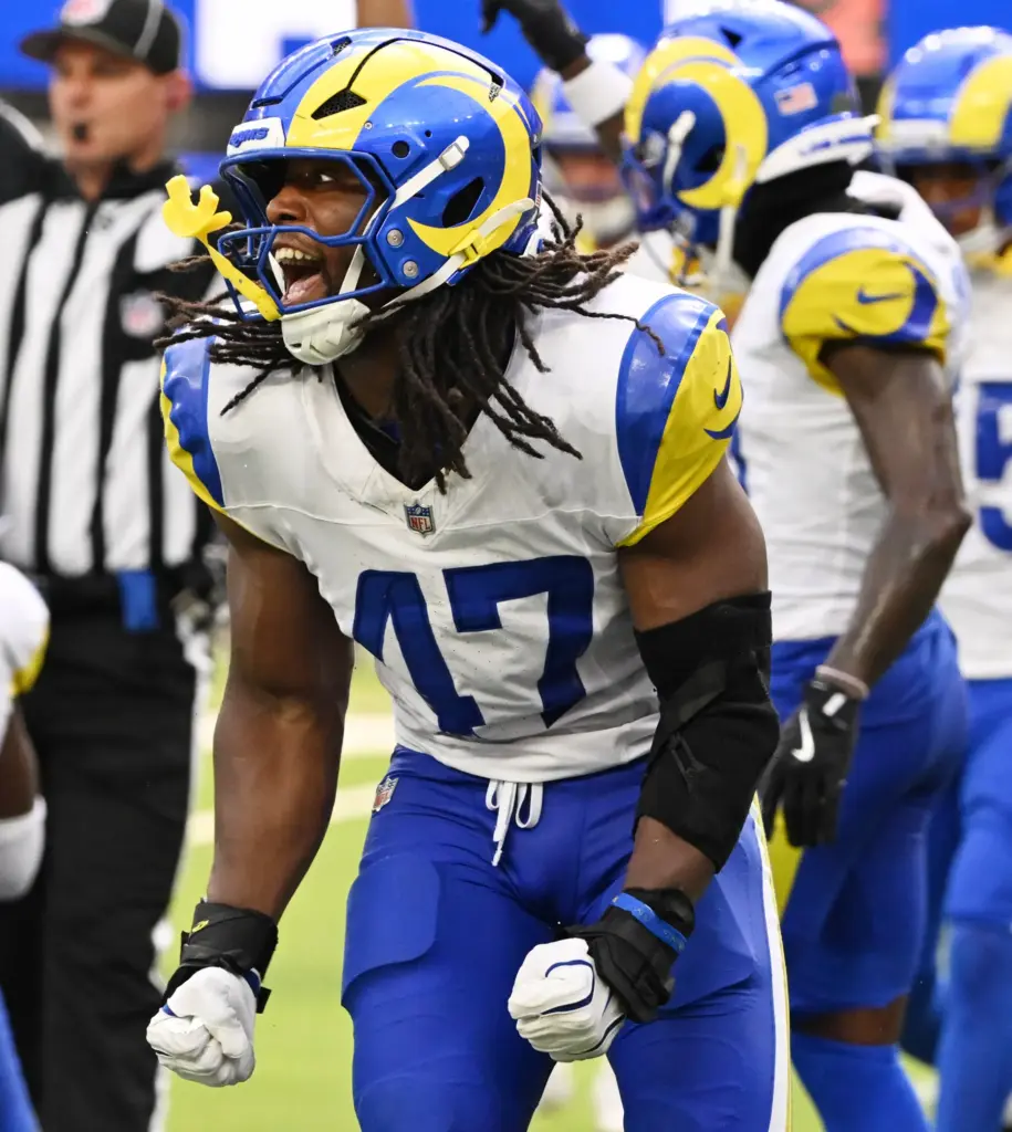 Rams outside linebacker Wesley Bailey (47) reacts after a New...