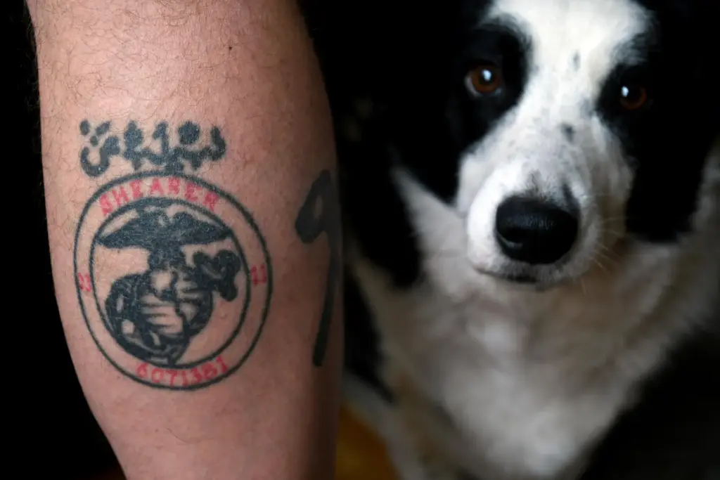 Joe Shearer shows his U.S. Marine Corps leg tattoo next to his dog Desmond.