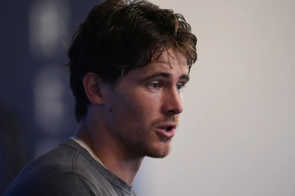 Chargers quarterback Justin Herbert speaks at a news conference during...