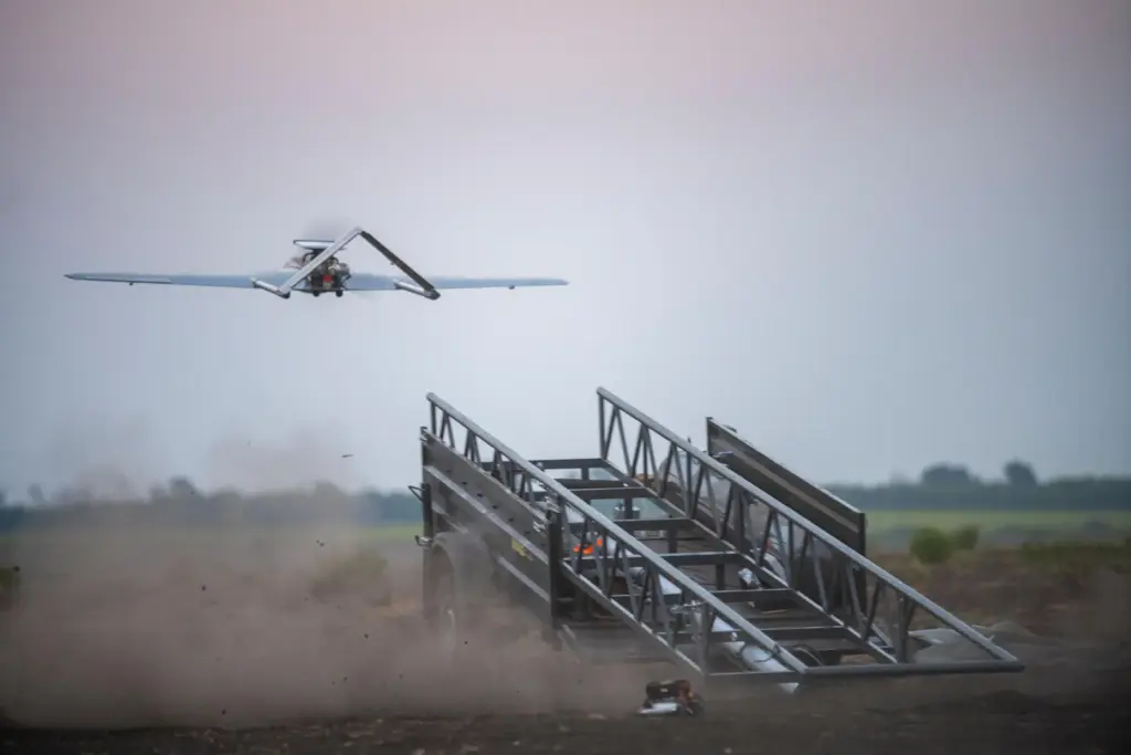 A Ukrainian “Chaklun” long-range strike drone takes off from a...