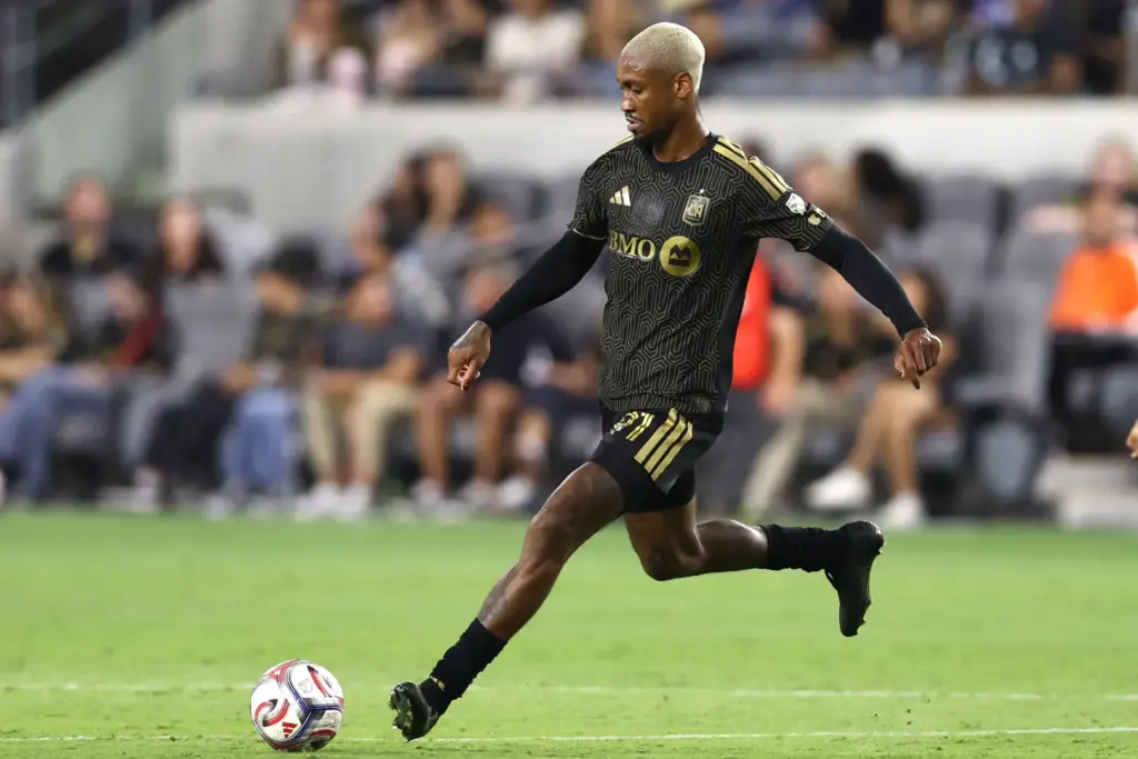 Los Angeles FC defender Nkosi Tafari winds up to kick...