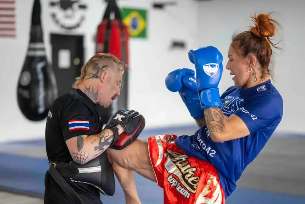 PFL featherweight champion Cris Cyborg works with Thai Boxing coach...