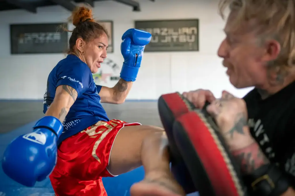 PFL featherweight champion Cris Cyborg works with Thai Boxing coach...