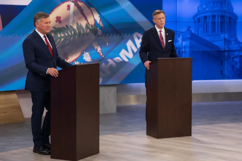 Oklahoma Republican gubernatorial candidates Gentner Drummond and Mike Mazzei verbally spar at a debate.