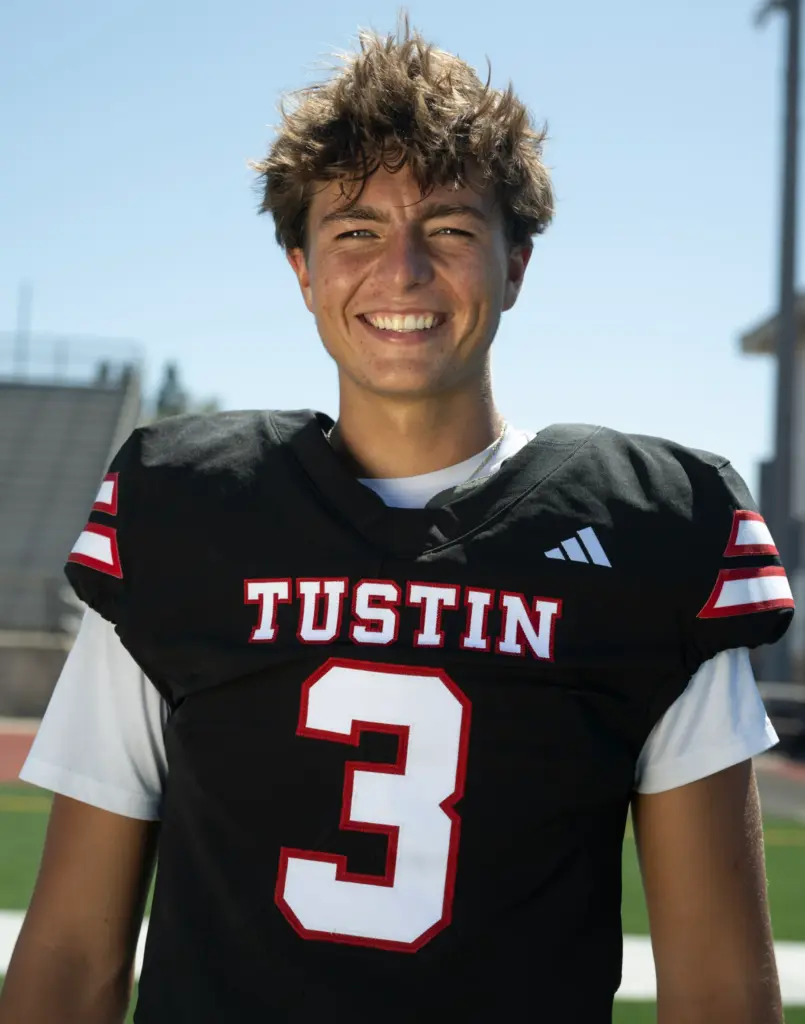 Tustin High School football player Ayden Edwards (3) on Monday,...