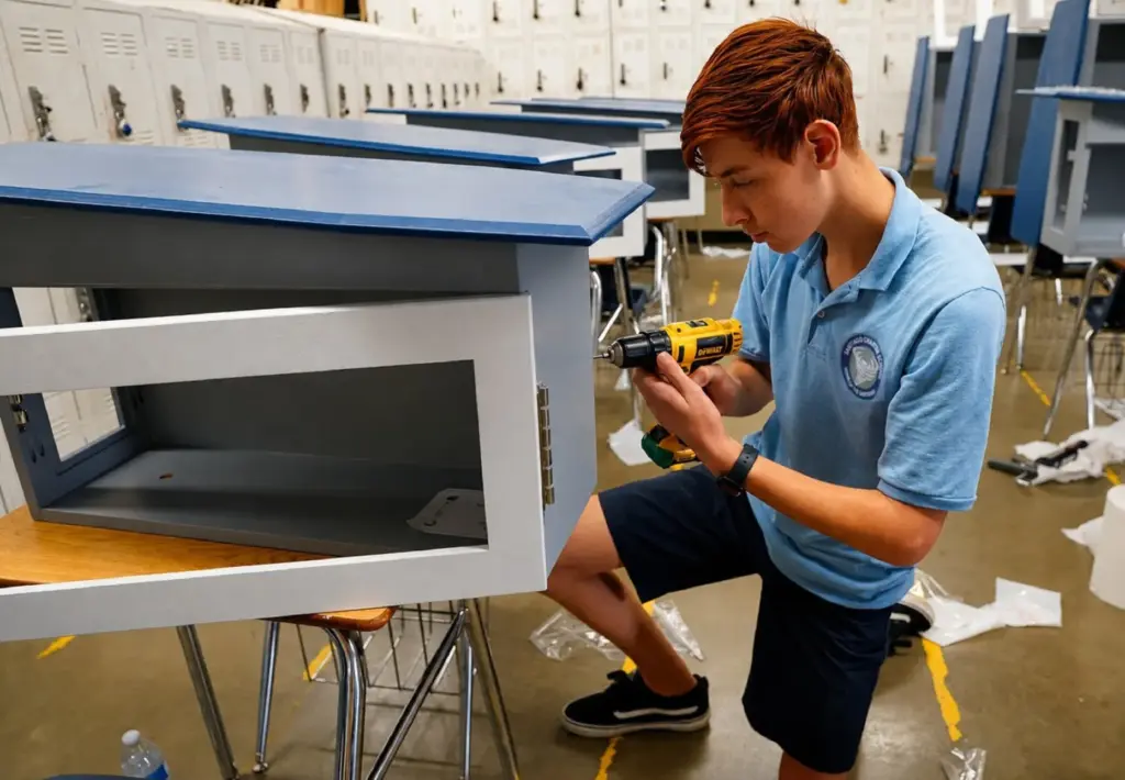 Connor Aakre continues assembly of a Little Free Library for...
