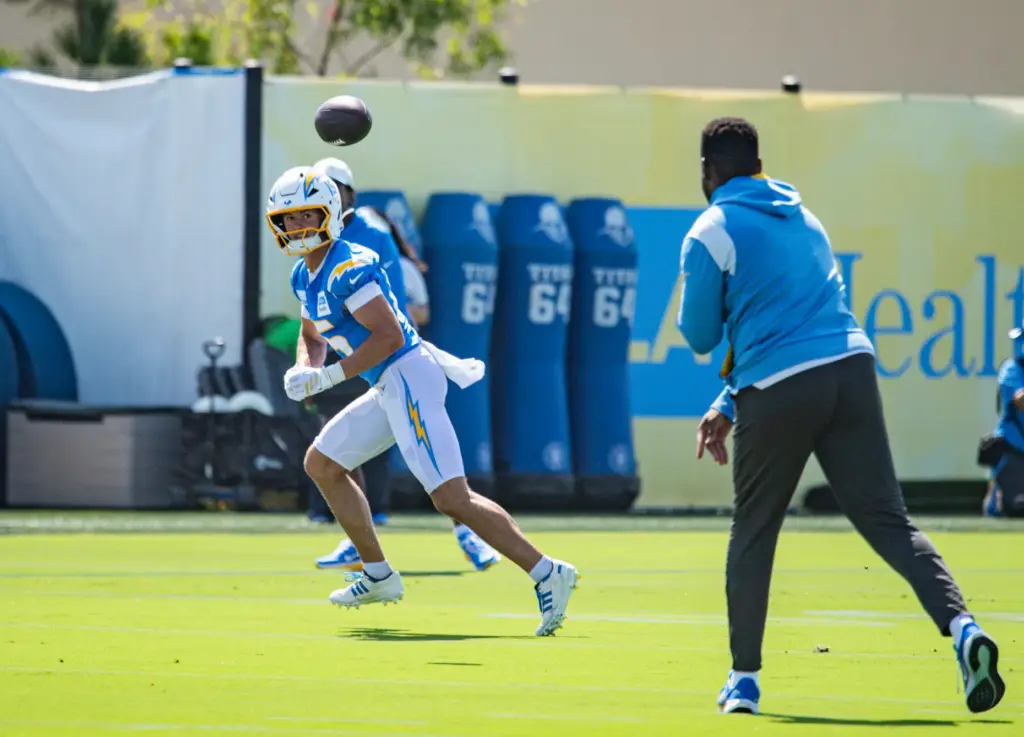 Los Angeles Chargers wide receiver Ladd McConkey eyes a ball...