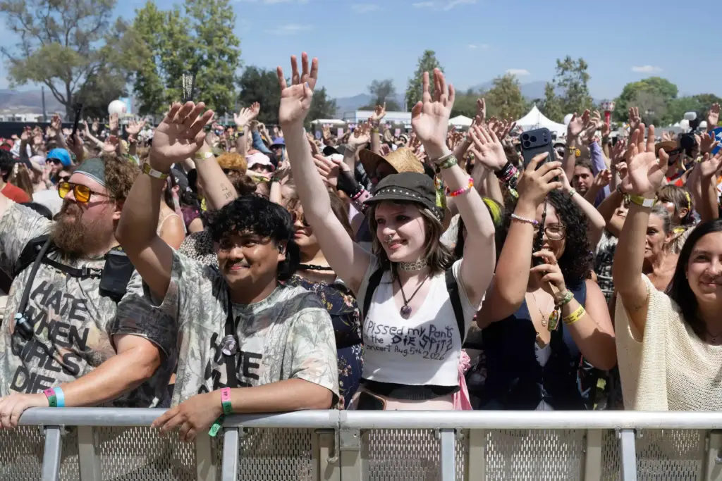 Fans of Die Spitz sing-a-long during their performance on the...