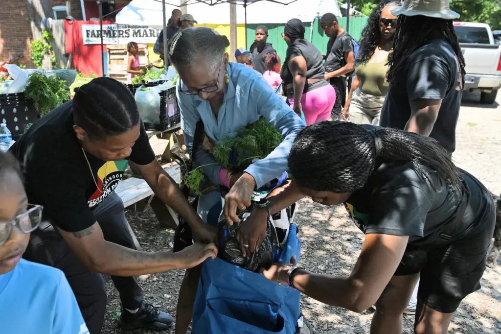 Tamika Winder and Dionne Johnson help Habibah Sayyed fit a bag of produce into her cart.