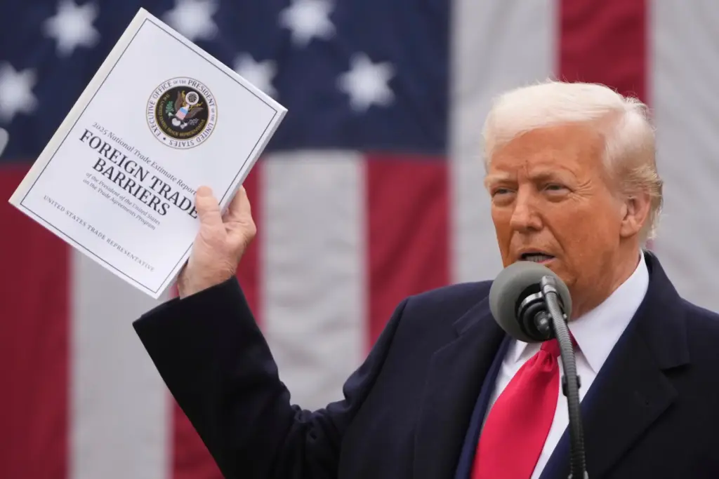 President Donald Trump speaks during an event to announce new tariffs.