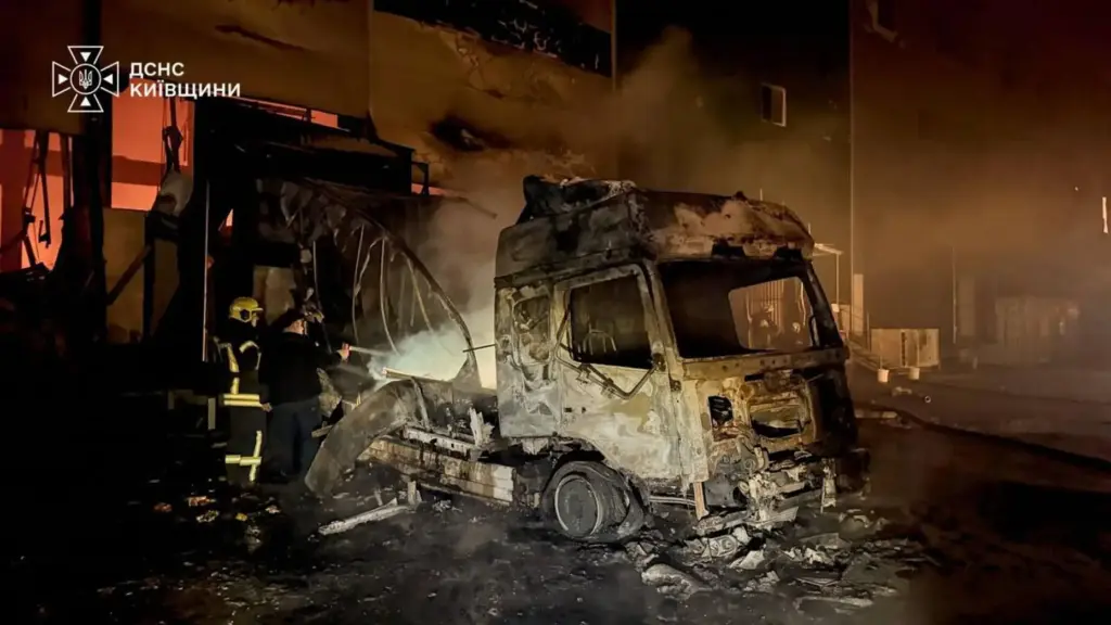 In this photo provided by the Ukrainian Emergency Service, firefighters...