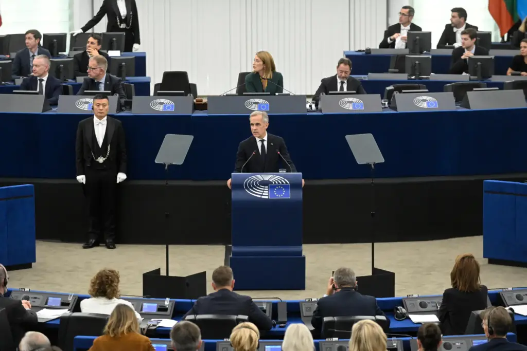 Canada's Prime Minister Mark Carney delivers a speech at the European Parliament.