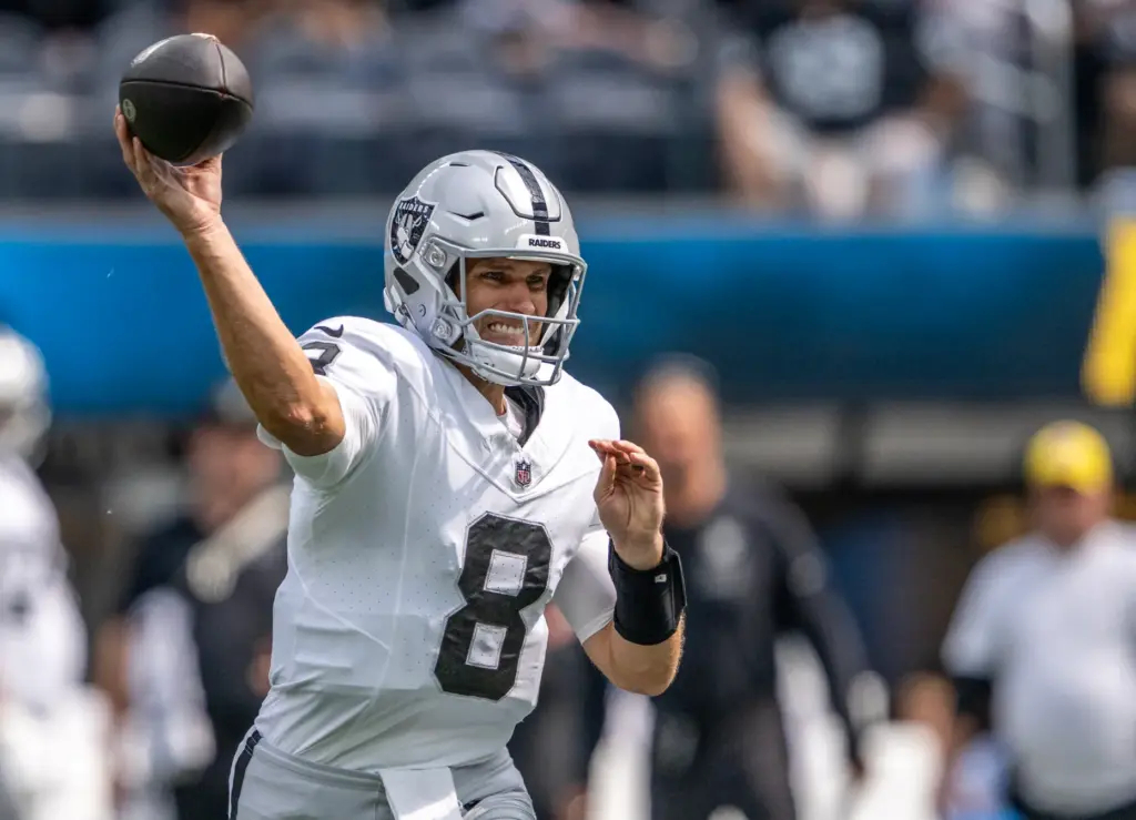 Las Vegas Raiders veteran quarterback Kirk Cousins (8) throws the...
