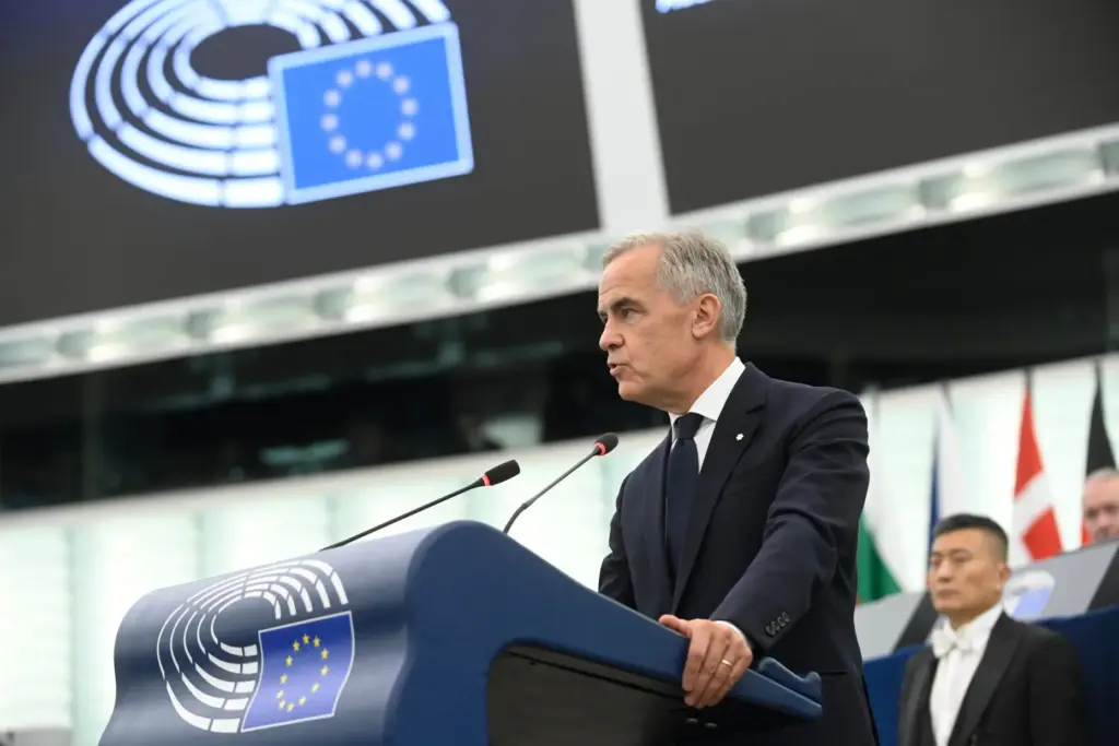 Canada's Prime Minister Mark Carney delivers a speech at the European Parliament.