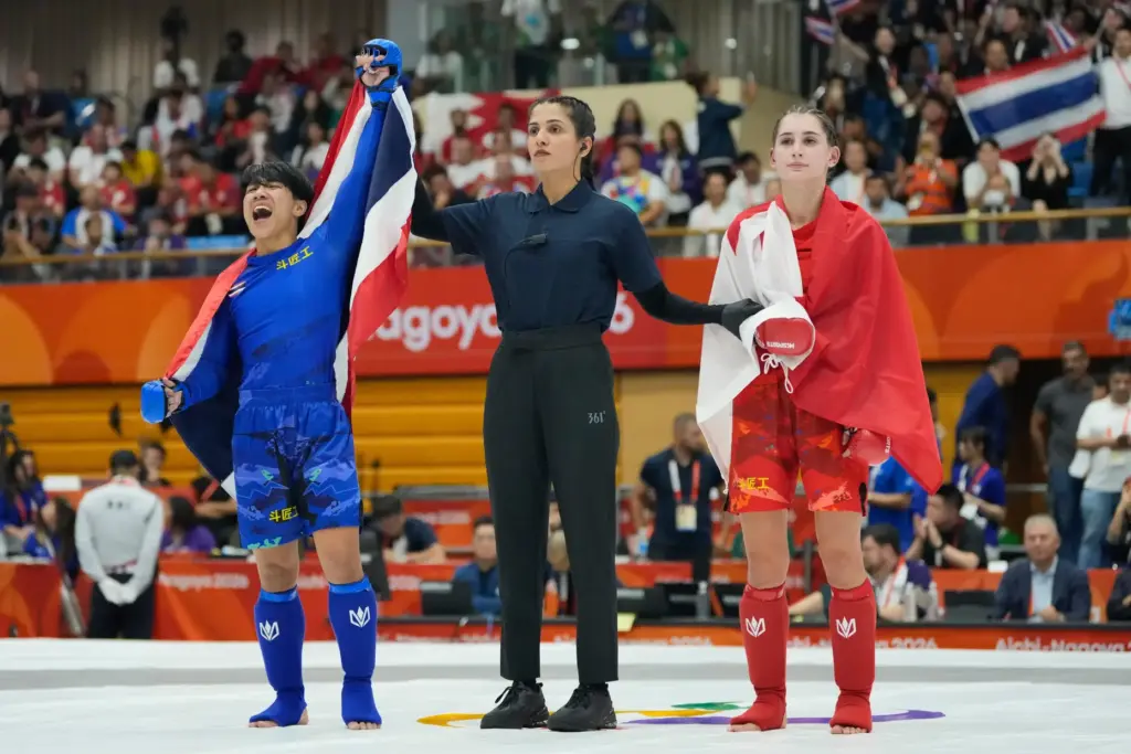 Kanjutha Phattaraboonsorn of Thailand reacts after winning the women's modern 54kg mixed martial arts final.
