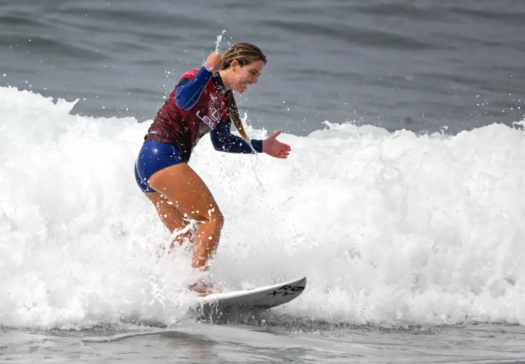 Caroline Marks celebrates during round 2 of the Trestles Pro...