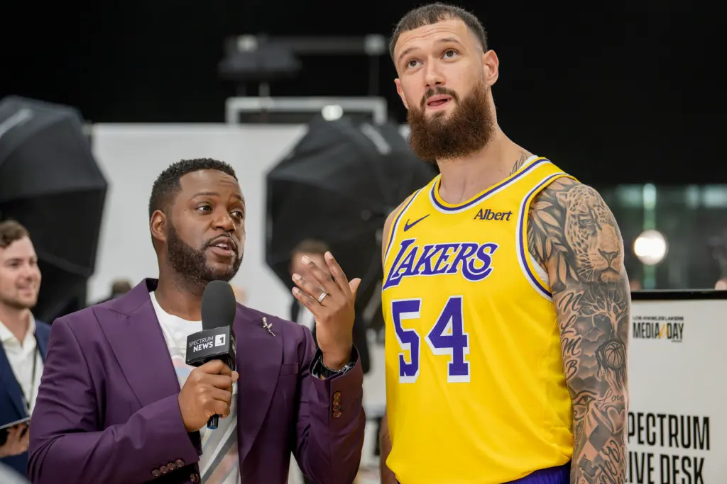 Lakers forward Sandro Mamukelashvili does an interview during the team’s...