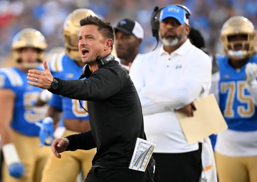 Head coach Bob Chesney of the UCLA Bruins reacts against...
