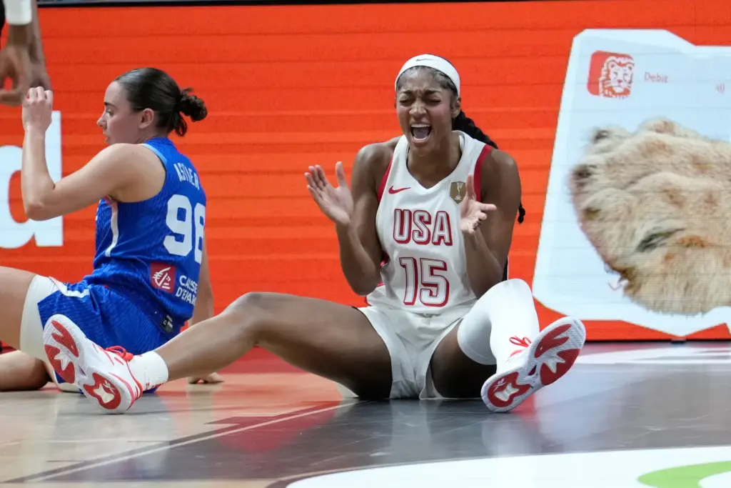 Team USA’s Angel Reese reacts during the FIBA Women’s World...