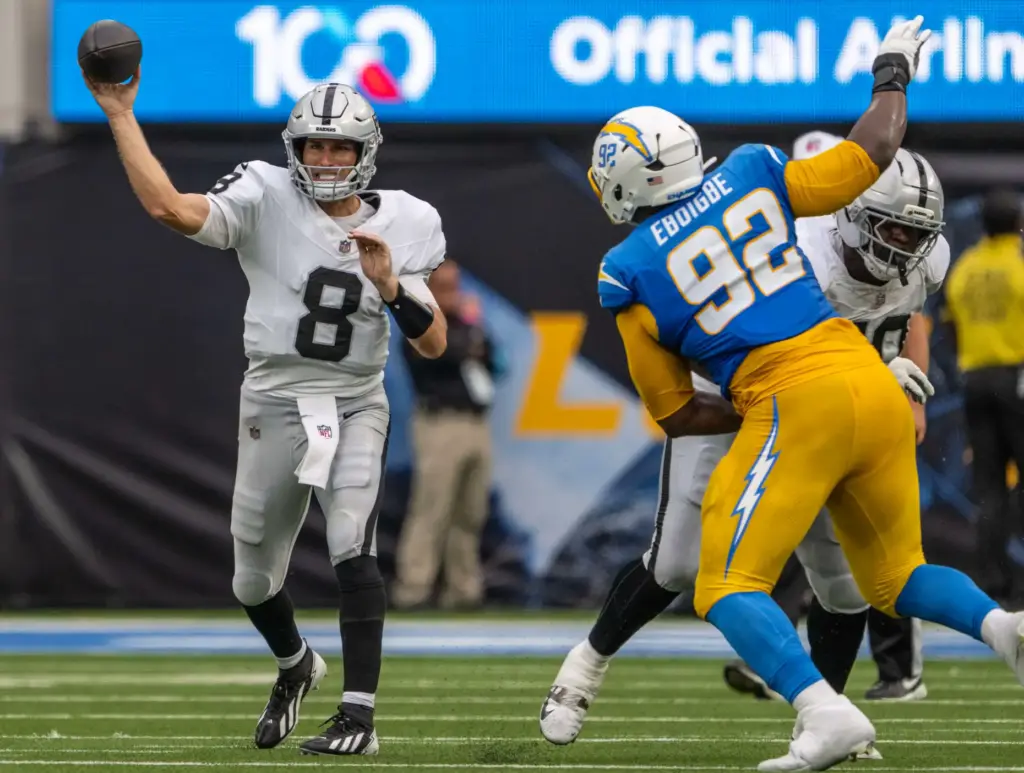 Las Vegas Raiders veteran quarterback Kirk Cousins (8) throws the...