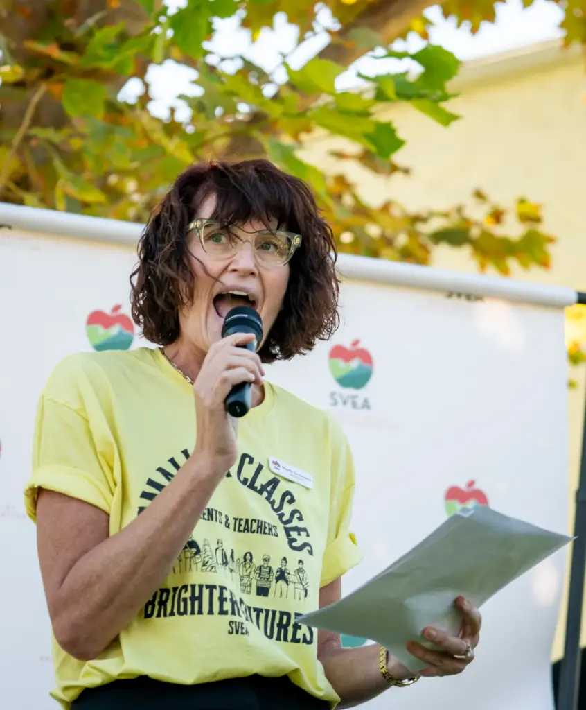 Mandy DeGroote, president of the Saddleback Valley Educators Association, speaks...