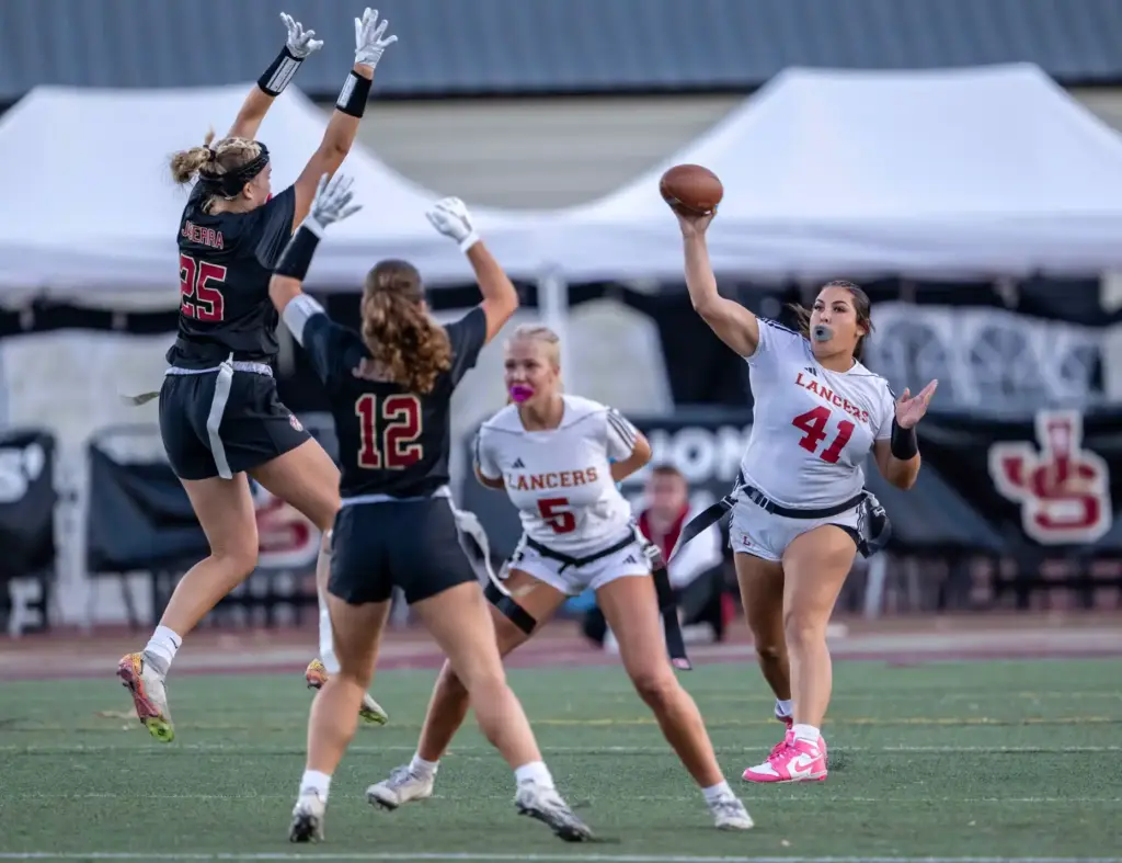 Orange Lutheran quarterback Olivia Walters (41) throws the ball during...