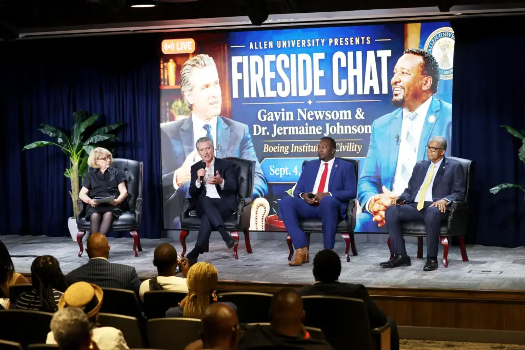 California Gov. Gavin Newsom, second from left, speaks during a...