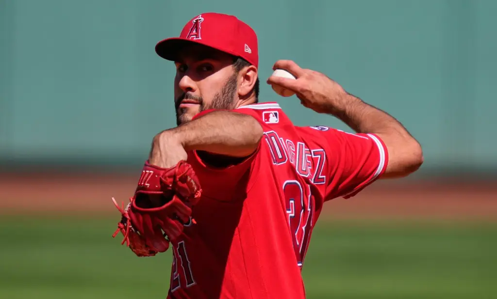 Los Angeles Angels’ pitcher Grayson Rodriguez delivers during the first...