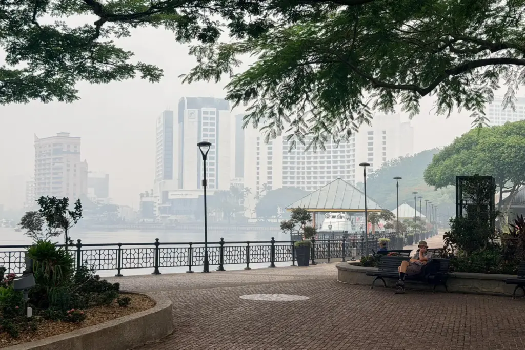 Kuching riverside in the city center is shrouded in thick...