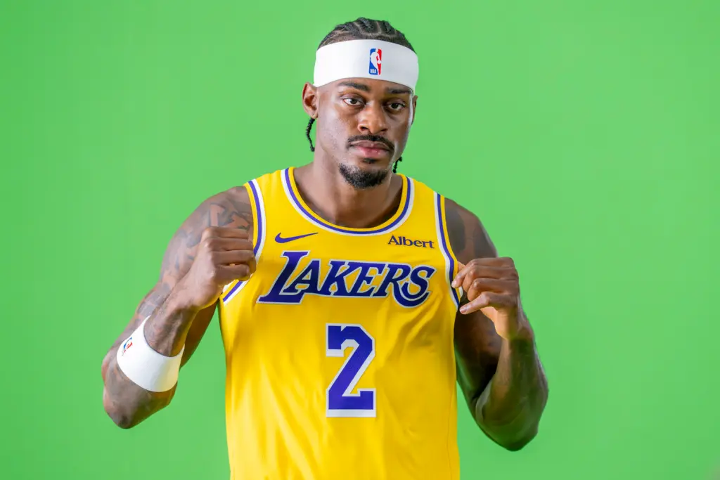 Lakers forward Jarred Vanderbilt poses for photographs during the team’s...