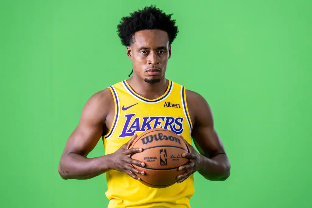 Lakers guard Collin Sexton poses for photographs during the team’s...