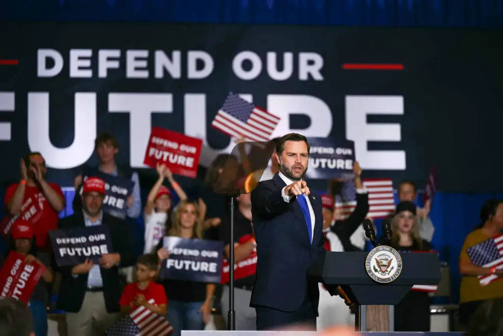 Vice President JD Vance speaks at a rally at Koury Convention Center in Greensboro, North Carolina.