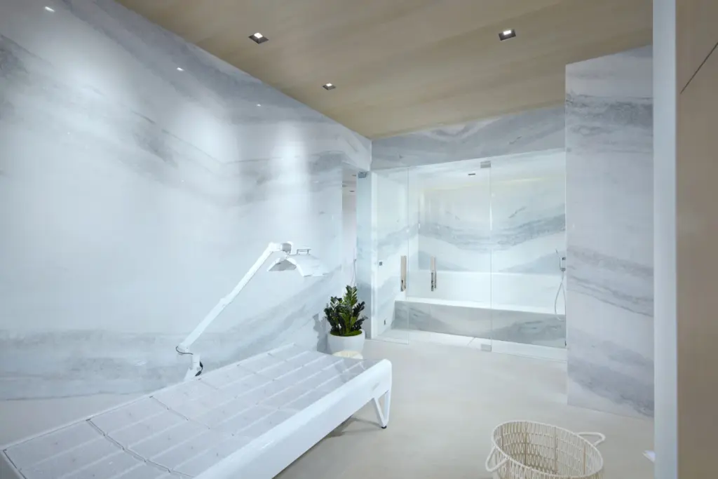 The light-therapy room with the steam shower in the background....