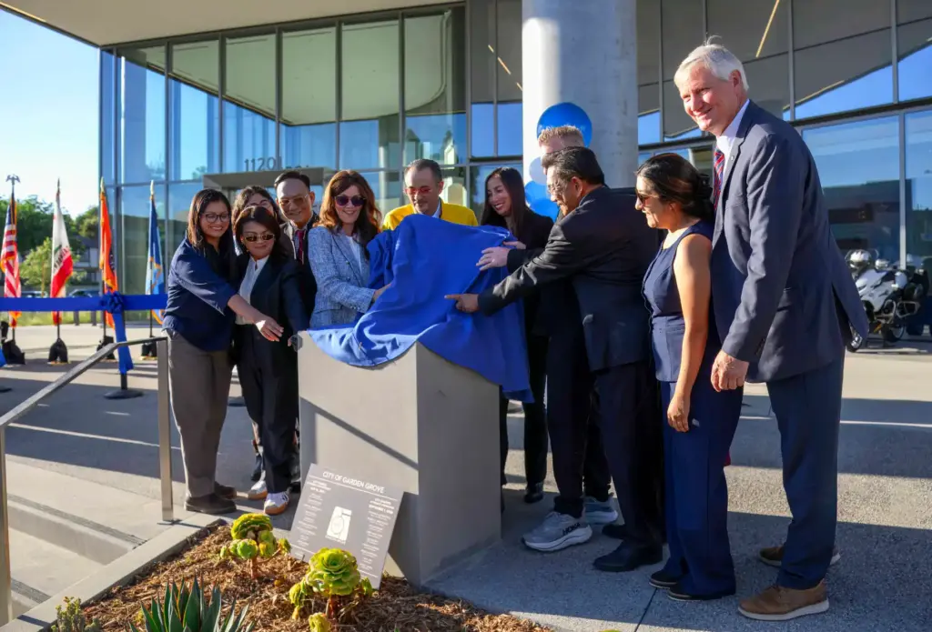 Garden Grove city council members and other officials unveil the...