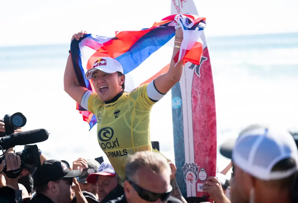 Carissa Moore celebrates after winning the Rip Curl World Surf...