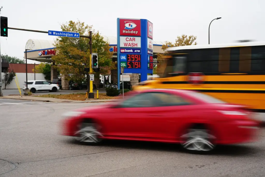 Diesel prices are seen at a gas station as prices...