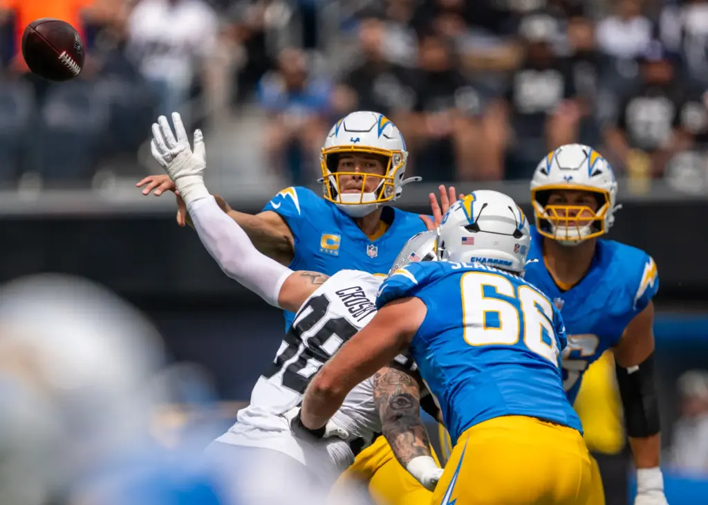 Chargers quarterback Justin Herbert (10) throws the ball during the...