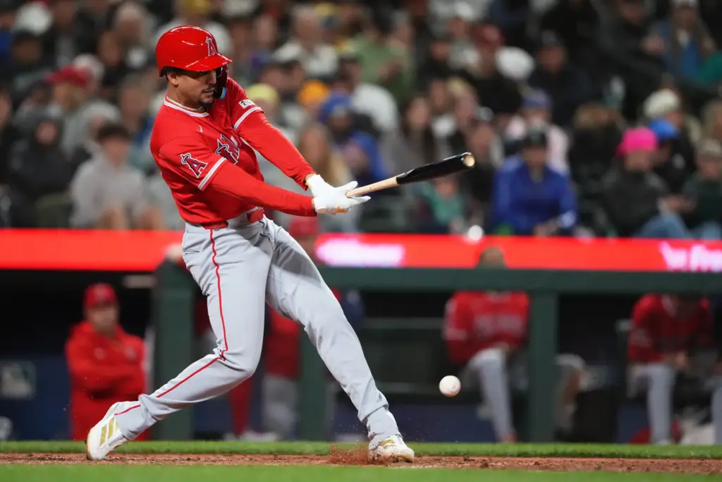 Angels’ Jose Siri hits an RBI groundout to score Bryce...