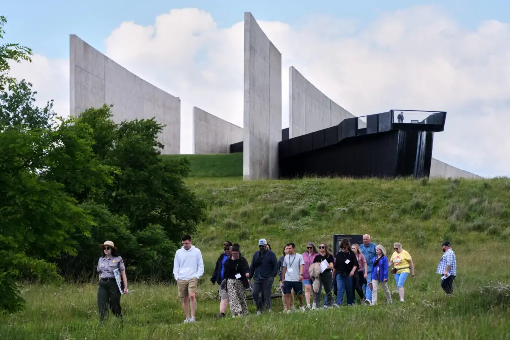 Park Ranger Claire Affinito leads a tour for educators at the Flight 93 National Memorial.