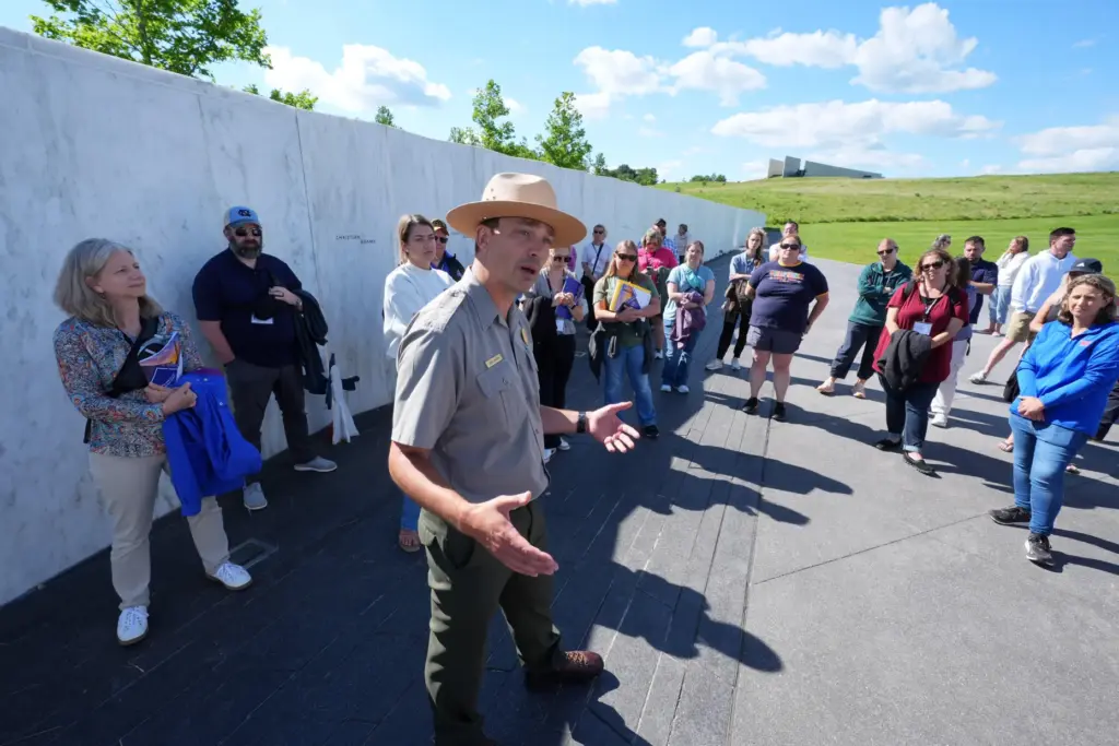 Park Ranger Adam Shaffer leads a tour for educators at the Flight 93 National Memorial.