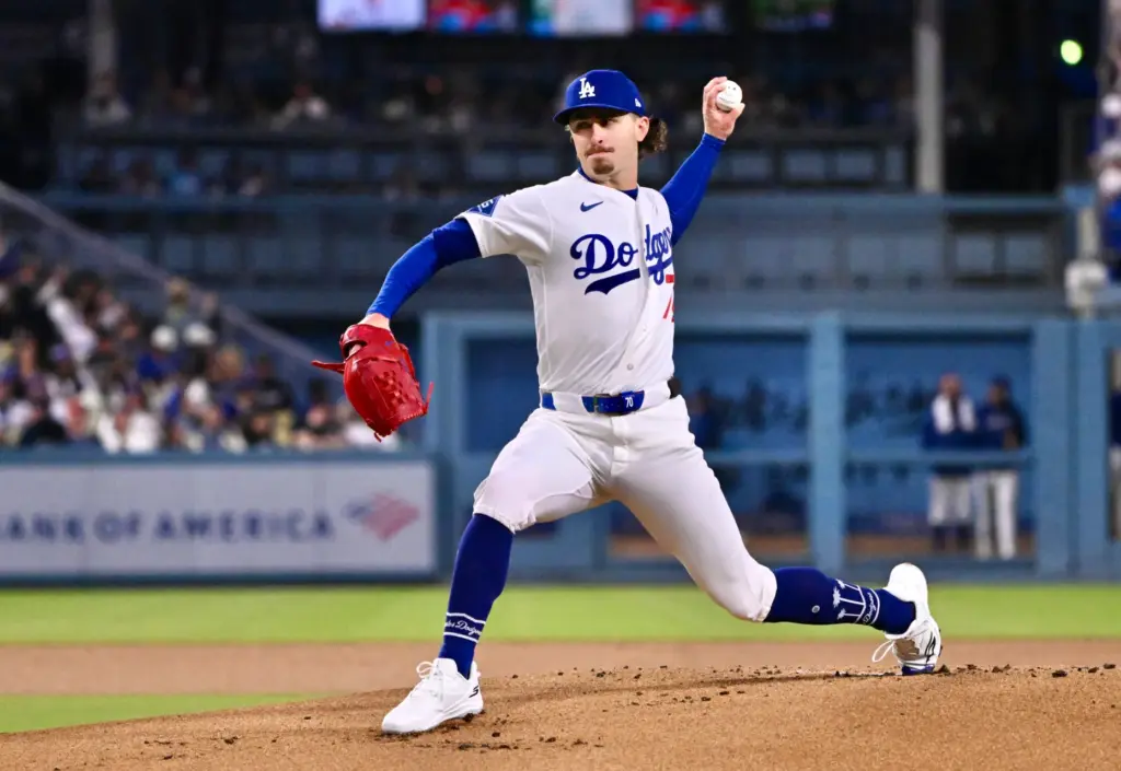 Dodgers starting pitcher Justin Wrobleski delivers a pitch against the...