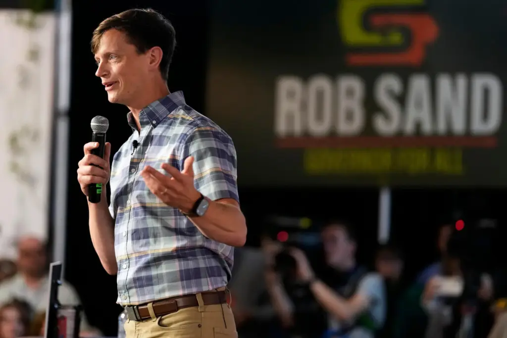 FILE – Iowa Democratic gubernatorial candidate Rob Sand speaks during...