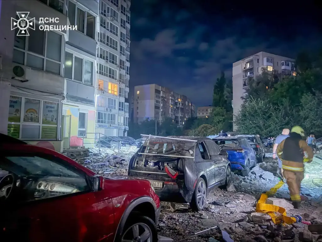 In this photo provided by the Ukrainian Emergency Service, firefighters...