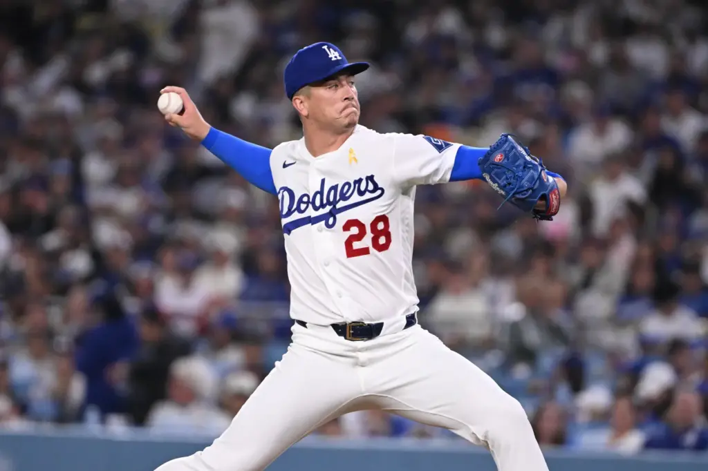 Relief pitcher Bobby Miller #28 of the Los Angeles Dodgers...